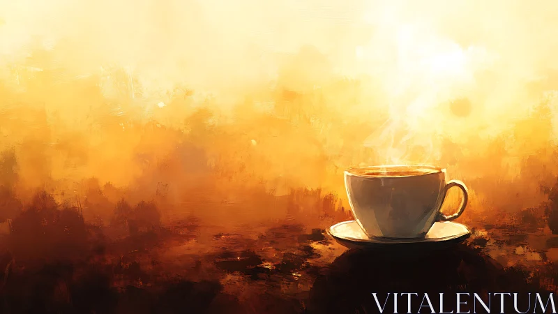 Steam-rising coffee cup on abstract warm background.