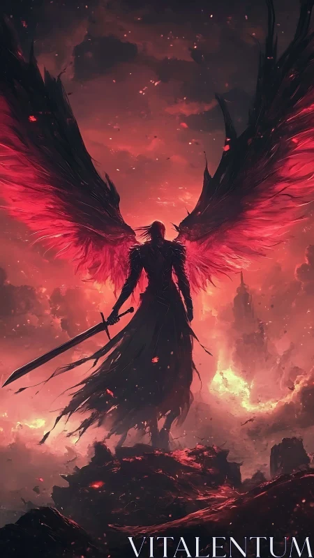 Fantasy digital painting of flaming winged warrior silhouette.