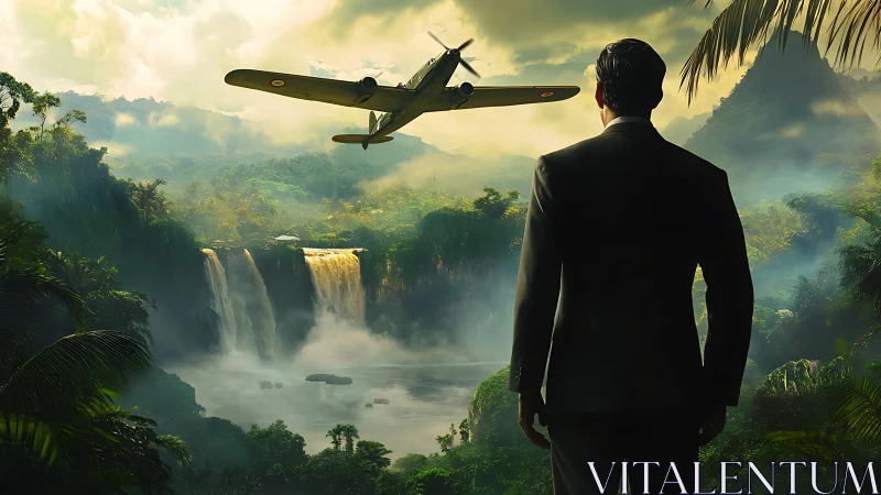 Misty jungle waterfalls welcome a lone man and low plane