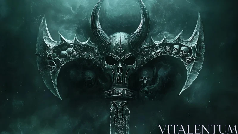 Haunting skull axe emerging from swirling teal mist.