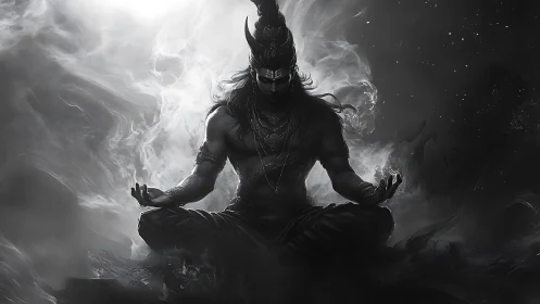 Monochrome ascetic deity in meditative dynamic smoke field.