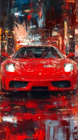 Red supercar surges through abstract neon city storm.