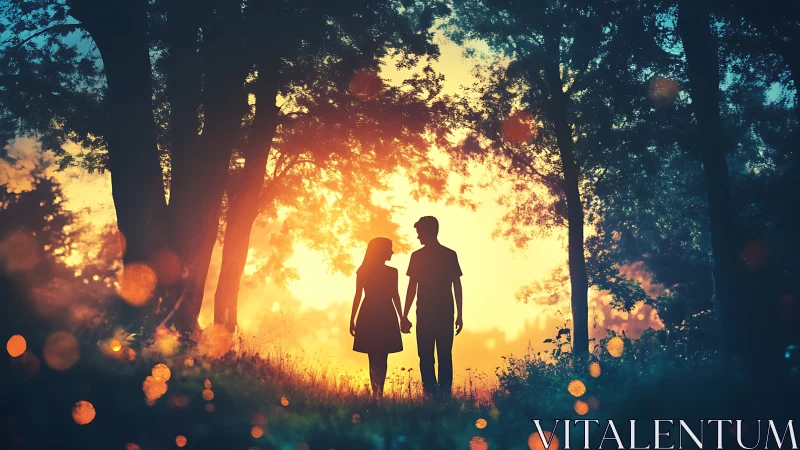 Two figures silhouetted in forest clearing at golden sunset.