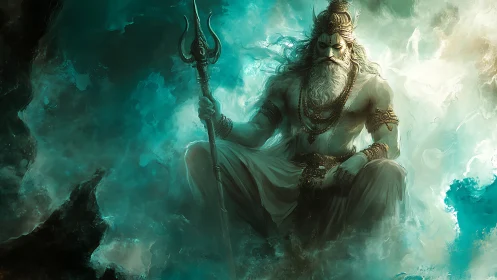 Mythic warrior figure seated in mist with trident staff.