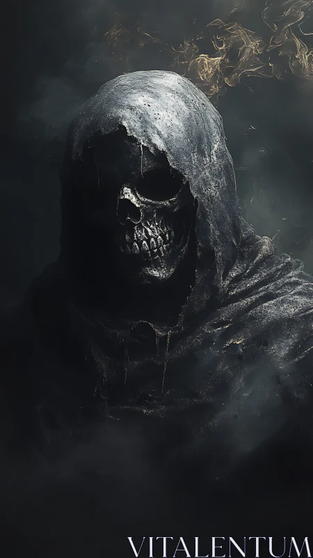 Grim skeletal figure in tattered hooded cloak in smoke.
