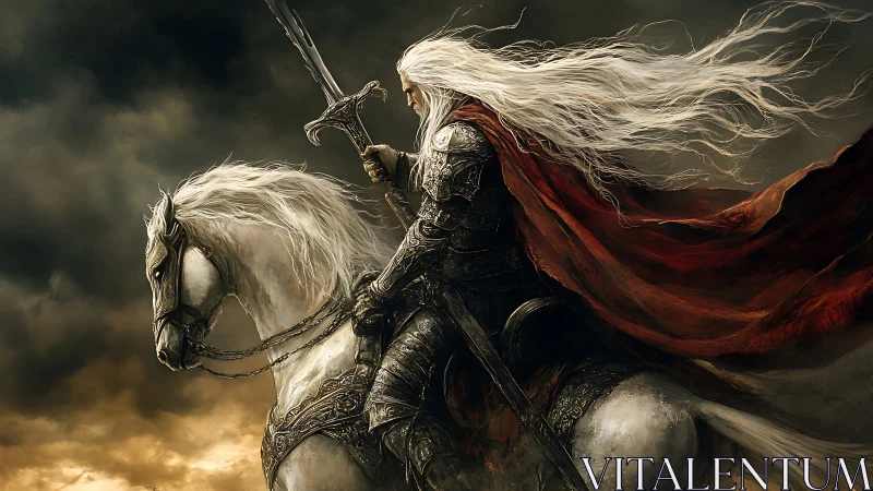 White-haired knight rides warhorse through storm clouds.