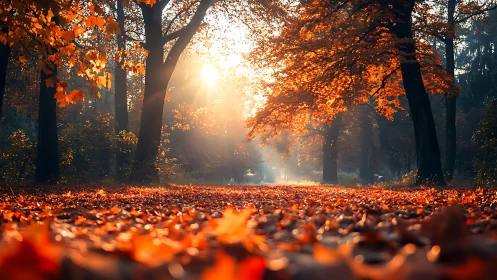 Golden Autumn Forest Path Illuminated by Sunrise