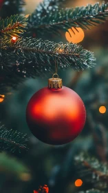 Red Christmas bauble glows softly on a festive tree branch