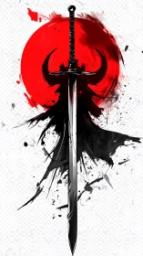 Sword silhouette against red sun in bold ink style