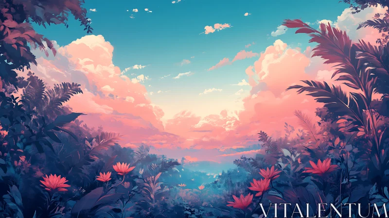 Sunset jungle paints the clouds in dreamy coral whispers