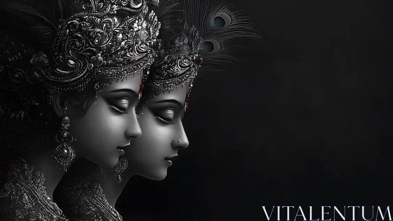 Twin mythic profiles rendered in high-contrast monochrome relief