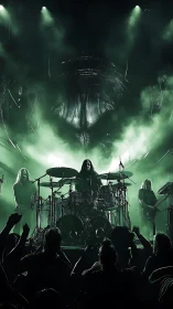 Photorealistic metal concert stage with dramatic backlighting.