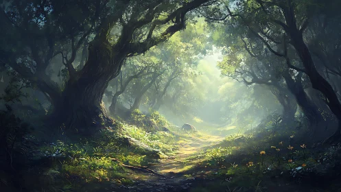 Forest pathway with atmospheric light filtering through canopy