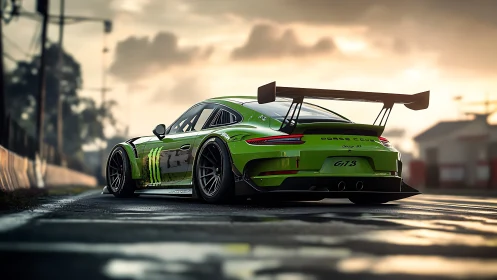 Green GT race car on wet circuit at low evening light.