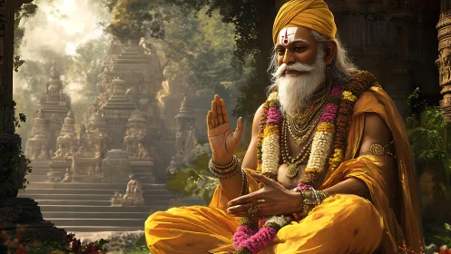 Elderly Hindu guru in saffron robes before ornate stone temples