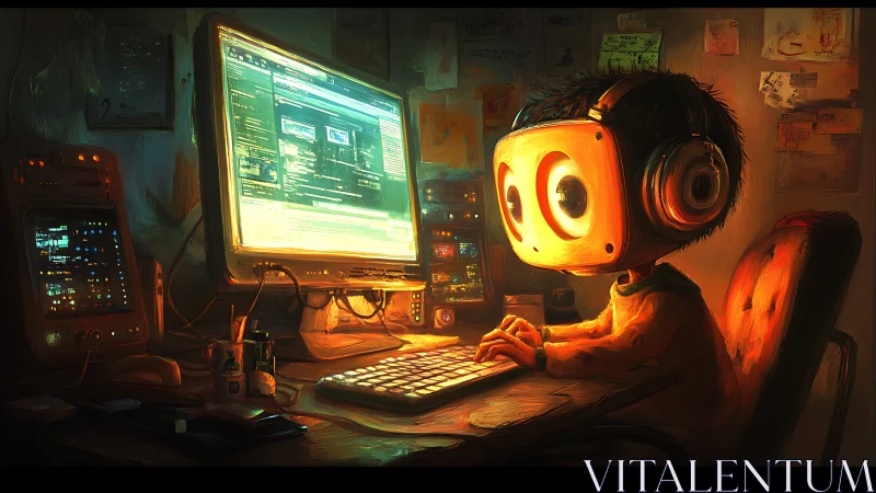 Robot-headed child coding at glowing computer workstation.