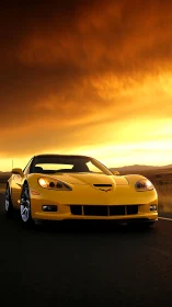 Yellow sports coupe on highway under dramatic sunset sky.