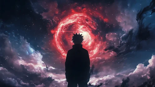 Silhouetted figure below red vortex within dark clouded sky.