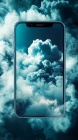 Smartphone portal framing cinematic teal storm clouds.