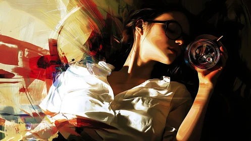 Dreamy girl resting with a drink in warm abstract light.