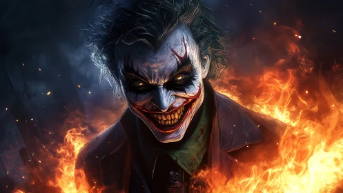 Chaos-clad clown villain emerging through raging flames.