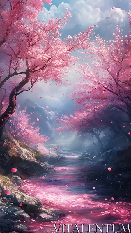 Cherry blossom trees line a reflective stream in valley