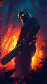 Chainsaw figure stands over burning forest in night glow