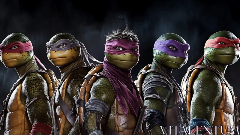 Anthropomorphic turtle team lineup in detailed 3D rendering.