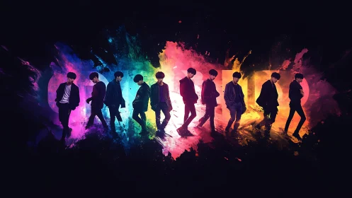 Color-swept silhouettes stride through glowing neon night.