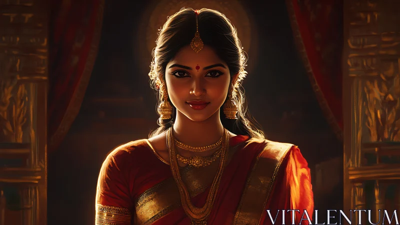 Elegant Indian Woman in Traditional Saree with Golden Jewelry, Portrait Style.