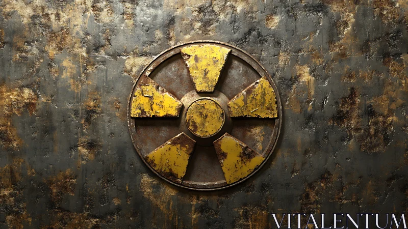 Rusty radioactive hazard symbol on corroded metal wall.