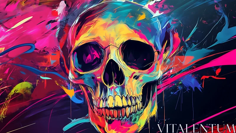 Color saturated skull illustration dominates abstract canvas