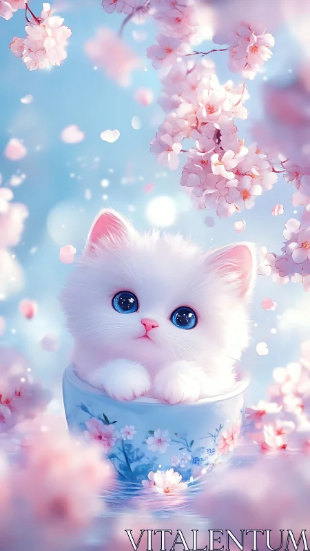 Ethereal White Kitten in Porcelain Cup Among Cherry Blossoms