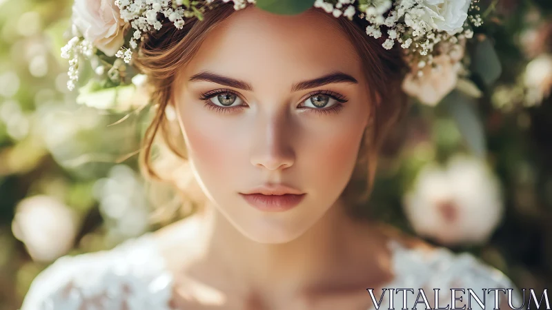 Symmetric bridal portrait with shallow-depth floral bokeh focus.