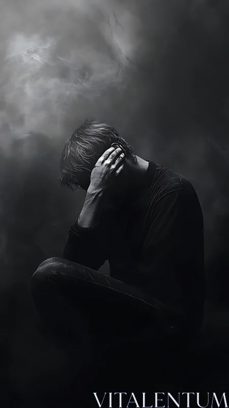 Solitary figure bows in shadow, enveloped by smoky darkness