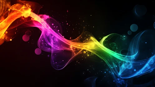 Colorful swirling light wave on dark abstract background.