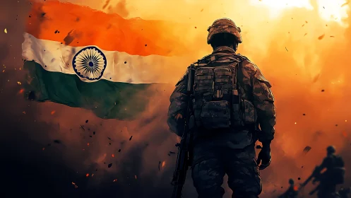Sunlit Indian tricolor and lone soldier in ember storm.