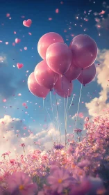 Pink Balloons Float Over Blooming Flower Field Under Blue Sky