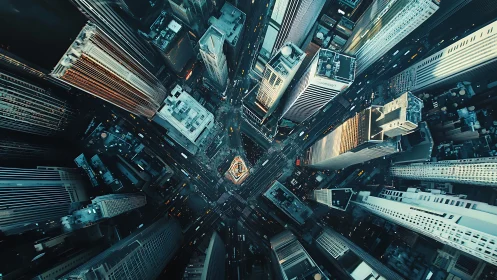 Skyscraper canyon grid in dramatic aerial city view.