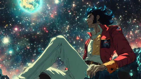 Cel-shaded space pilot reclines on rocky outcrop under dense starfield