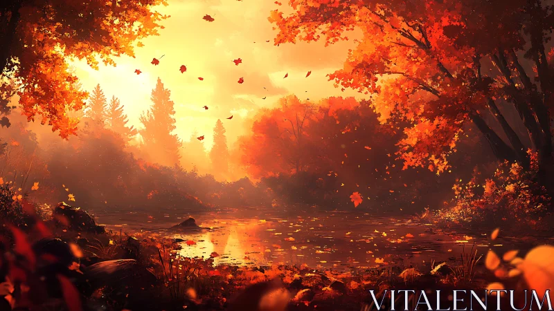 Radiant volumetric sunset over autumnal forest river basin.