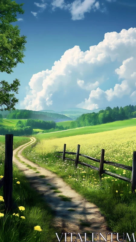 Curving dirt path crosses dandelion meadow under cumuliform sky