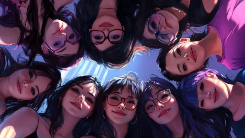 Friends form tight circle under sky, faces lit by warm glow