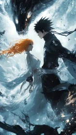 Stormbound anime duel with spectral dragon above lovers.