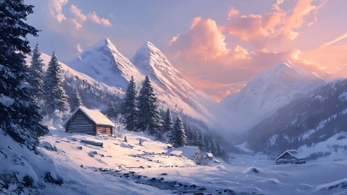 Snowy mountain valley holds warm cabin under sunrise glow