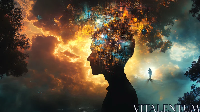 Concept art silhouette with luminous data-sky mindscape composition.