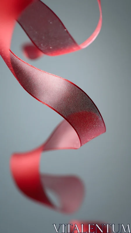 Red satin ribbon twists in soft studio gray space.