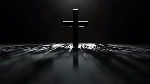 Quiet black cross glowing gently in a sea of shadows.