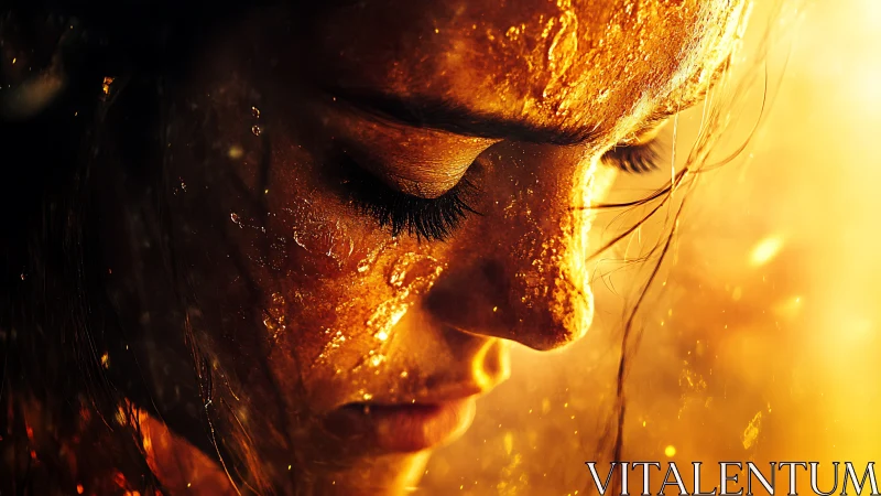 Close profile of woman&rsquo;s face coated in glowing gold