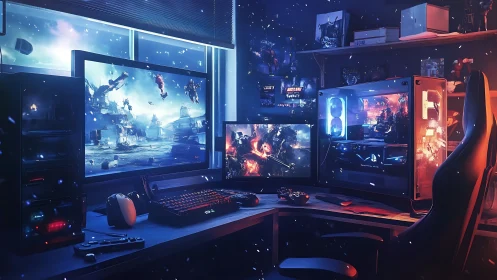 Immersive gaming corner glows with screens, color, and energy